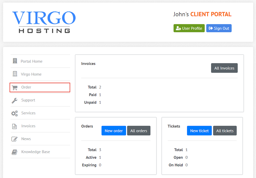 Virgo Hosting Client Portal Knowledge Base Interface Location
