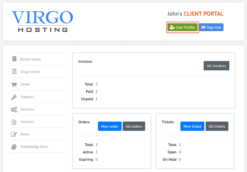 Virgo Hosting Client Portal User Profile Interface Location